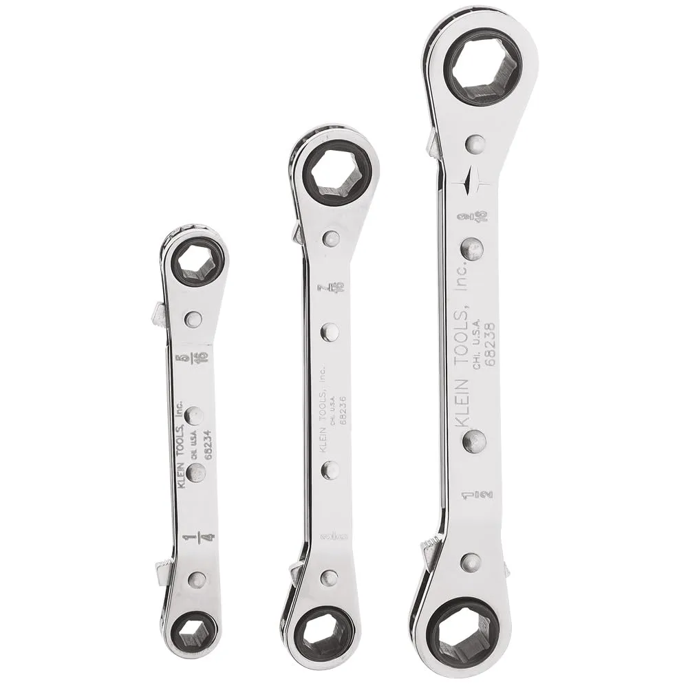 KLEIN TOOLS 68244 Ratcheting Offset Box Wrench Set, Made in USA, Fully Reversible, 3-Piece