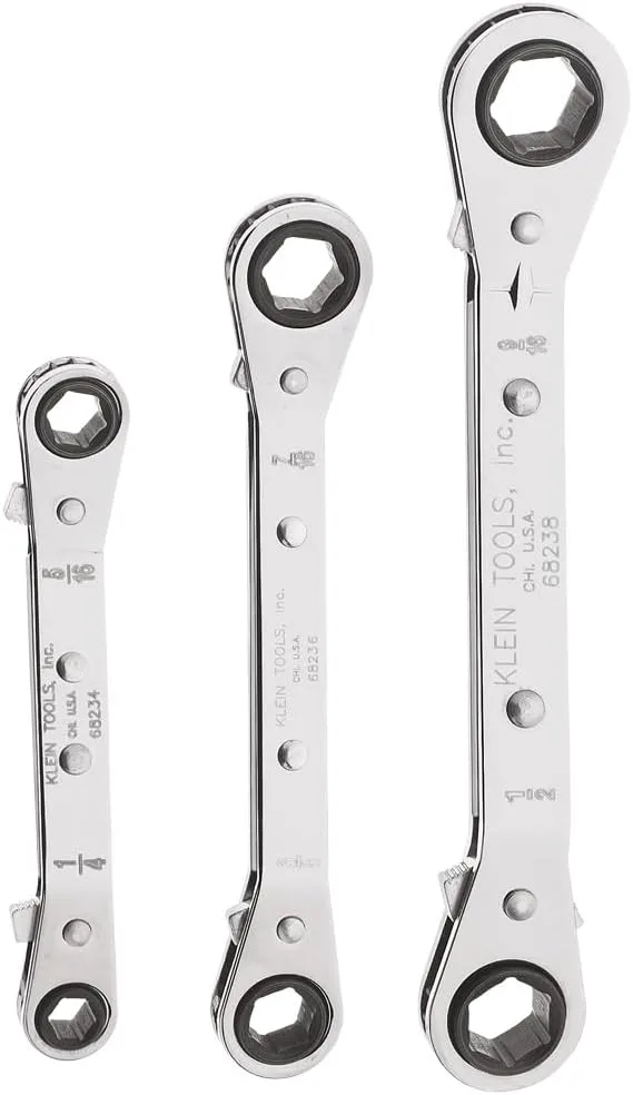 KLEIN TOOLS 68244 Ratcheting Offset Box Wrench Set, Made in USA, Fully Reversible, 3-Piece