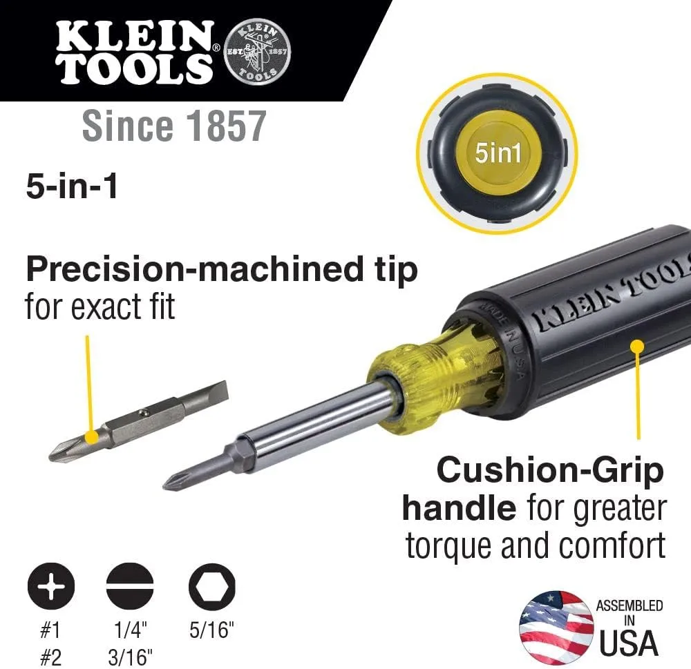 Klein Tools 32476 5-In-1 Multi-Bit Screwdriver / Nut Driver, SAE