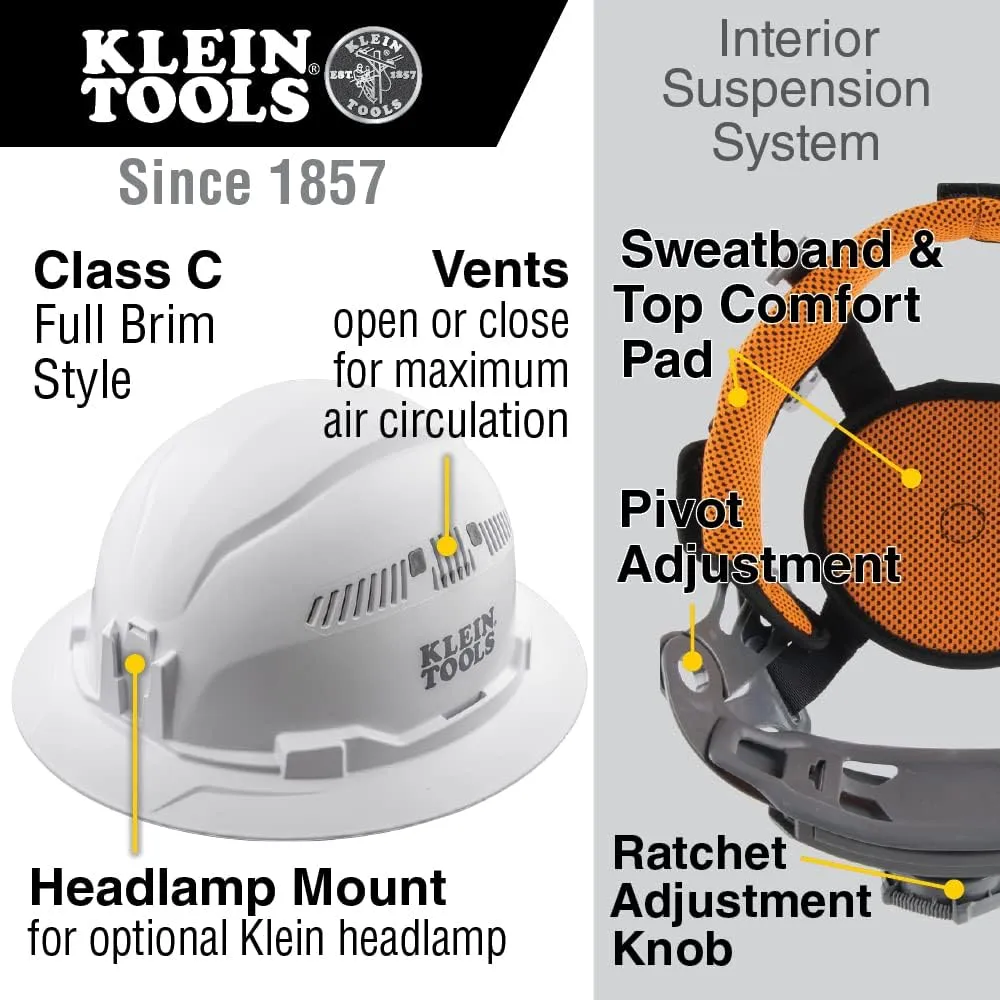 Klein Tools 60401 Hard Hat, Vented, Full Brim Style, Padded, White