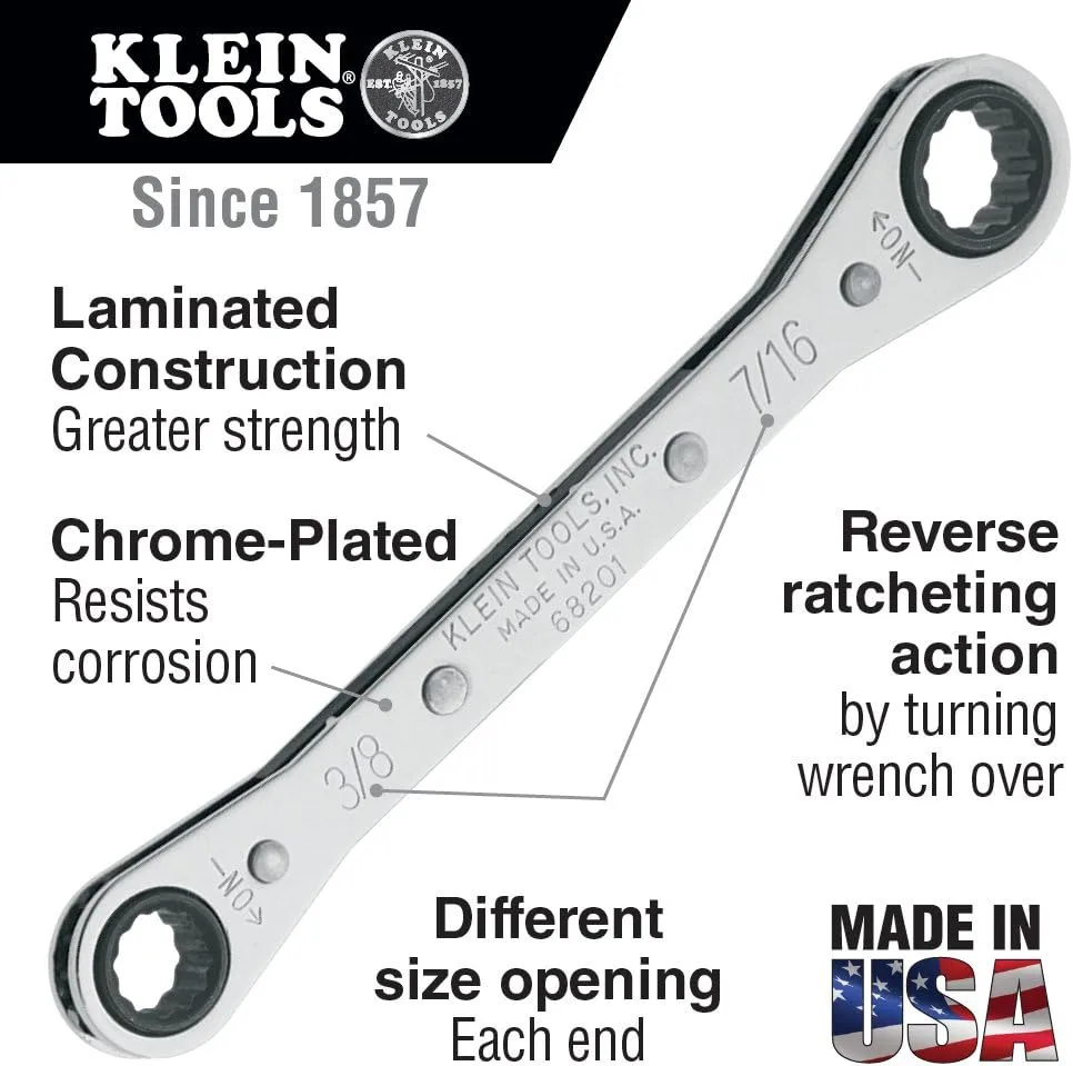 Klein Tools Ratcheting Box Wrench with Reverse Ratcheting and Chrome Plated Finish