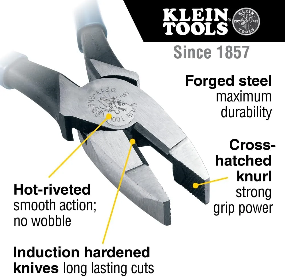 Klein Tools D213-8NE Pliers, 8-Inch Side Cutters, High Leverage Lineman's Pliers Cut Copper, Aluminum and other Soft Metals