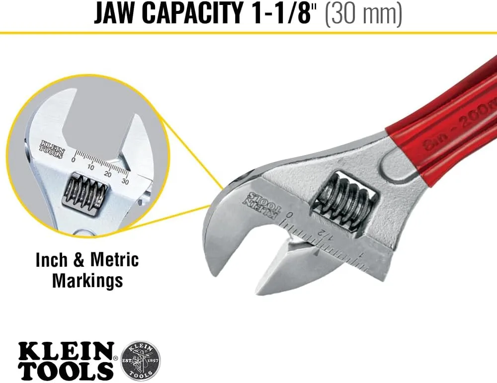 Klein Tools D507-8 Adjustable Wrench, Extra Capacity Jaw Forged Drive Wrench with High Polish Chrome Finish