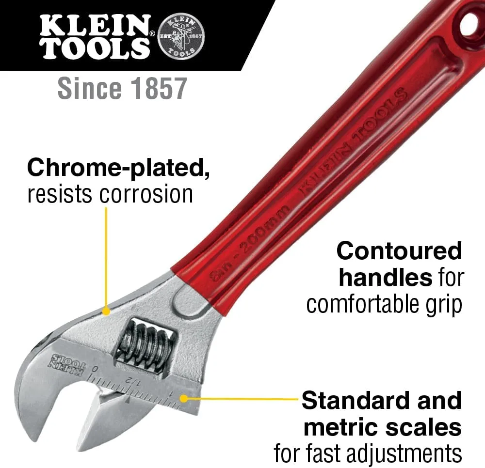 Klein Tools D507-8 Adjustable Wrench, Extra Capacity Jaw Forged Drive Wrench with High Polish Chrome Finish