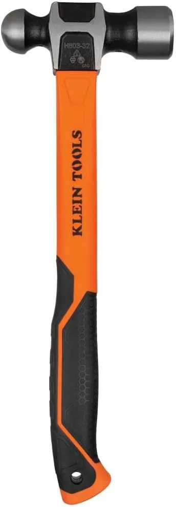 Klein Tools H80332 Ball-Peen Hammer, 32-Ounce Head, Fiberglass Non-Slip Shock Absorbing Grip Handle with Tether Hole, 15-Inch
