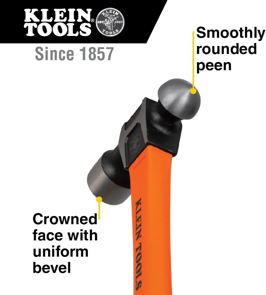 Klein Tools H80332 Ball-Peen Hammer, 32-Ounce Head, Fiberglass Non-Slip Shock Absorbing Grip Handle with Tether Hole, 15-Inch