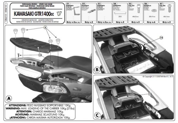 KAPPA KAWA TOPBOX BRACKET KR410 - GTR1400 / ZX14 (06-11)