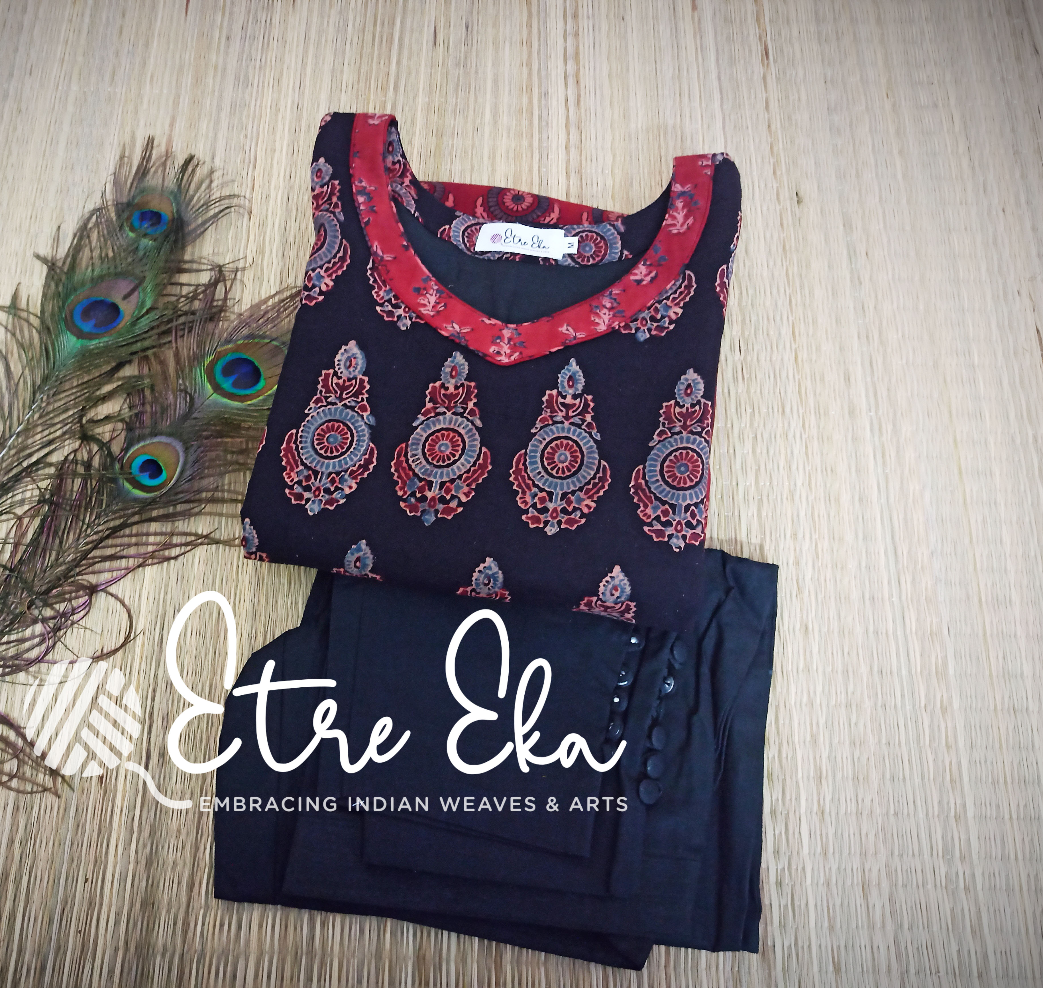 Ajrakh Hand Block Printed Mul Cotton Straight Kurti Top -Multi Color with Hand-held Mirror Prints