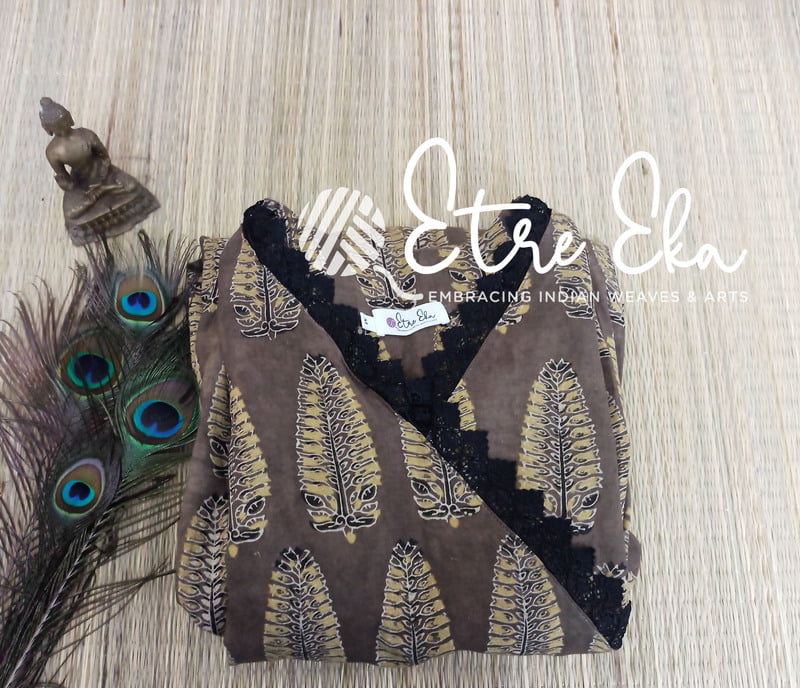 Ajrakh Hand Block Printed Mul Cotton Kurti -Beige and Yellow