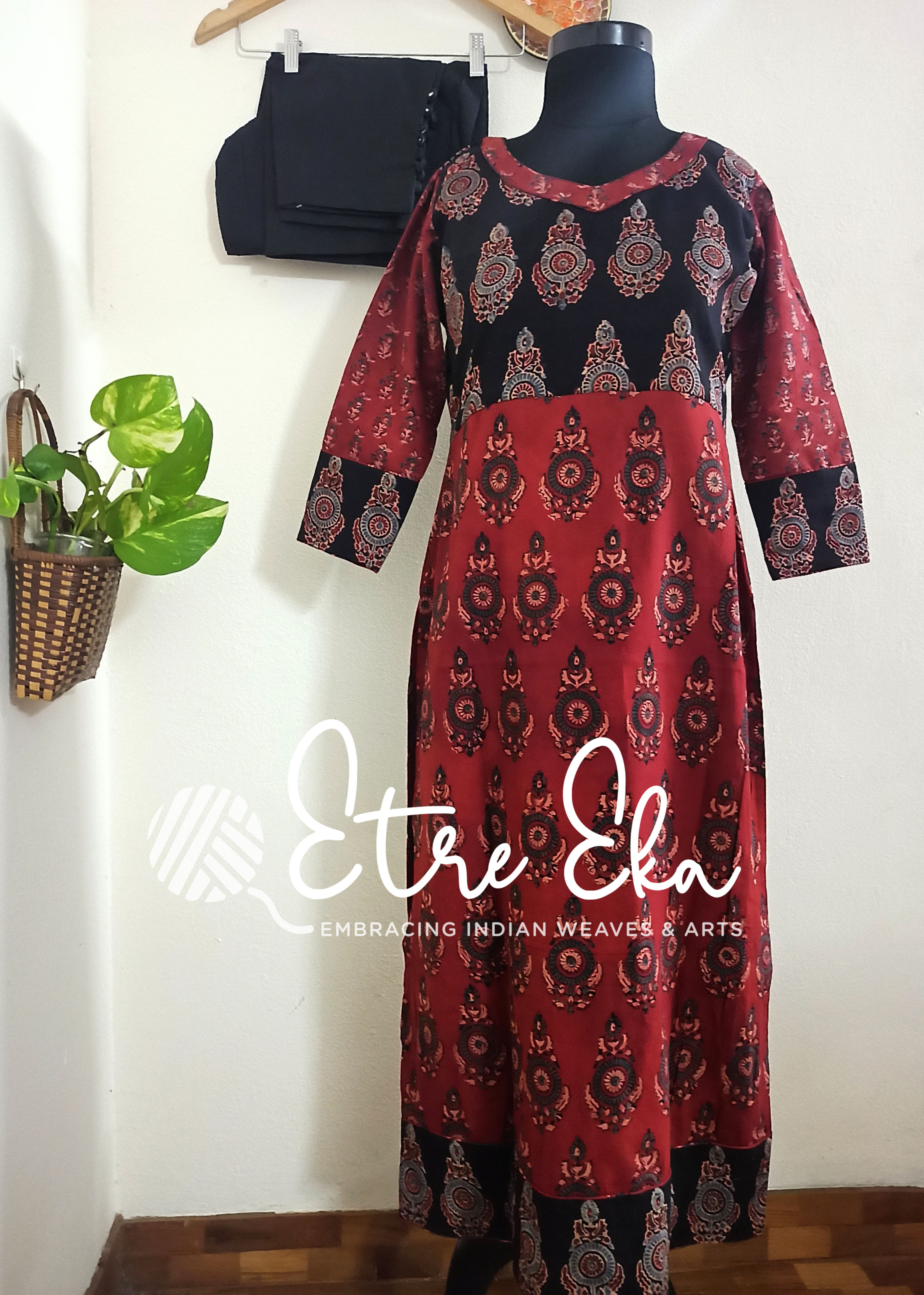 Ajrakh Hand Block Printed Mul Cotton Straight Kurti Top -Multi Color with Hand-held Mirror Prints