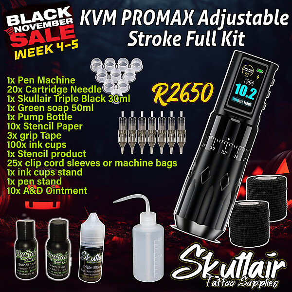KVM Promax Adjustable wireless stroke length tattoo pen Full kit