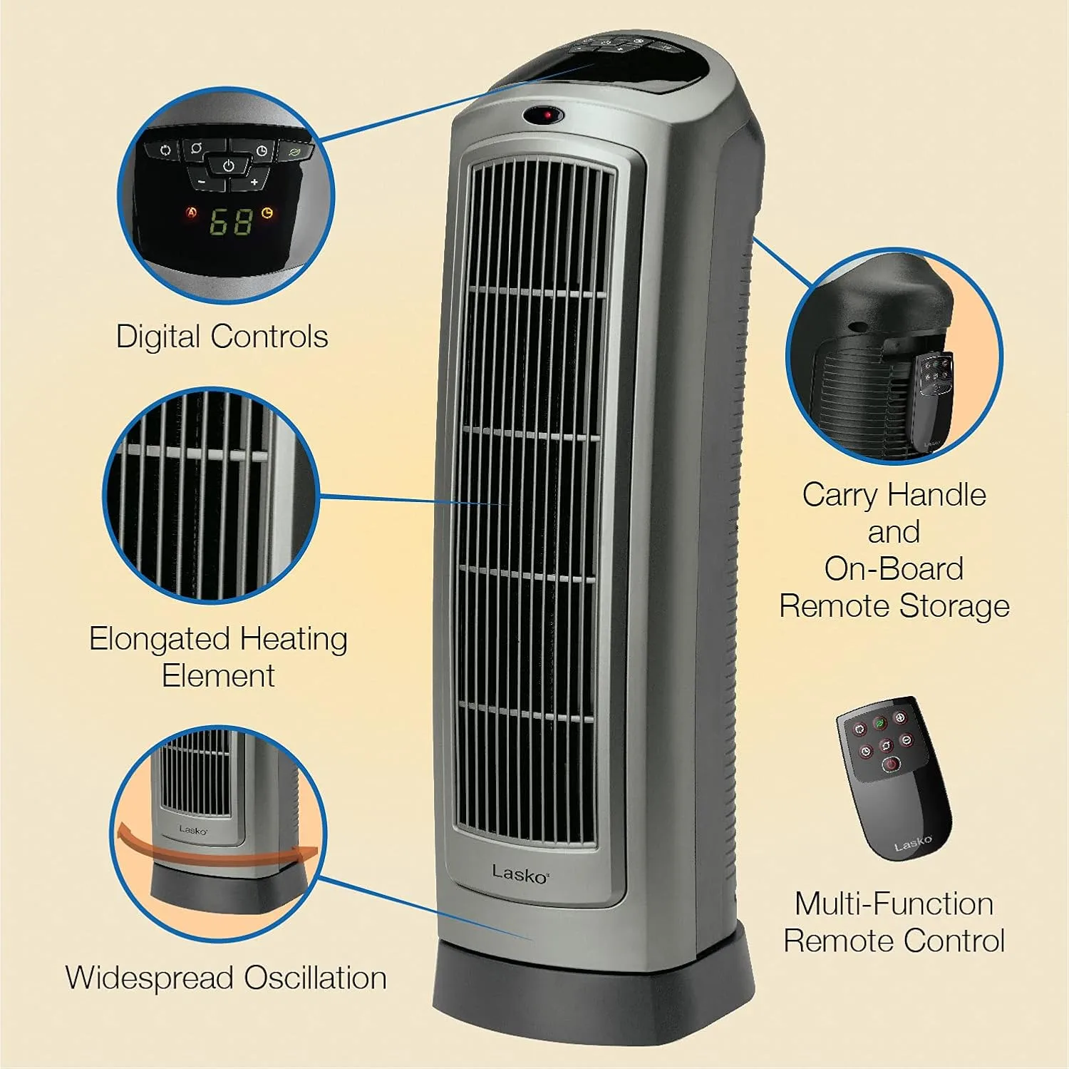 Lasko Portable Oscillating Ceramic Space Heater Tower with Digital Display, Remote Control, 2 Heat Settings and 8 Hour Timer