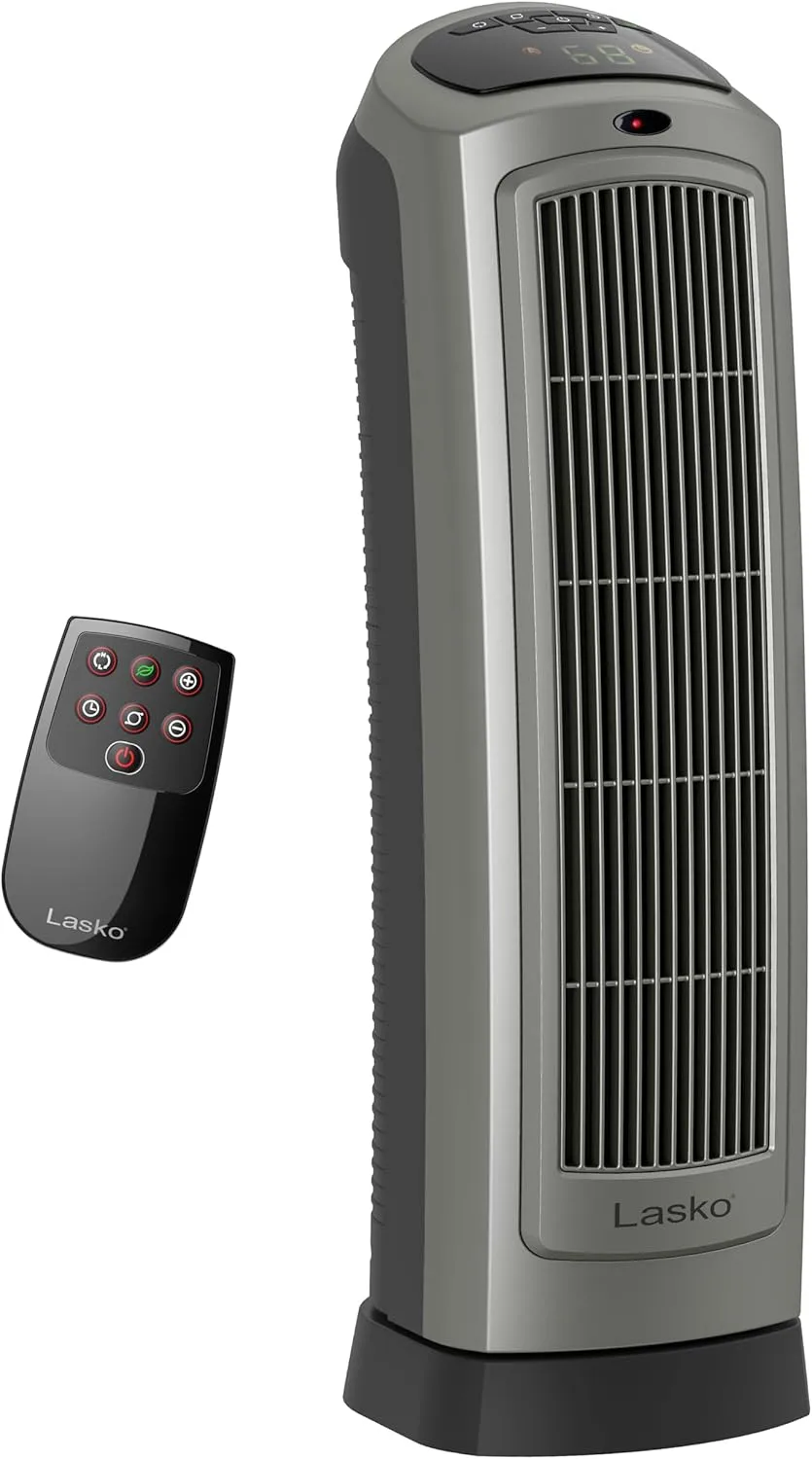 Lasko Portable Oscillating Ceramic Space Heater Tower with Digital Display, Remote Control, 2 Heat Settings and 8 Hour Timer