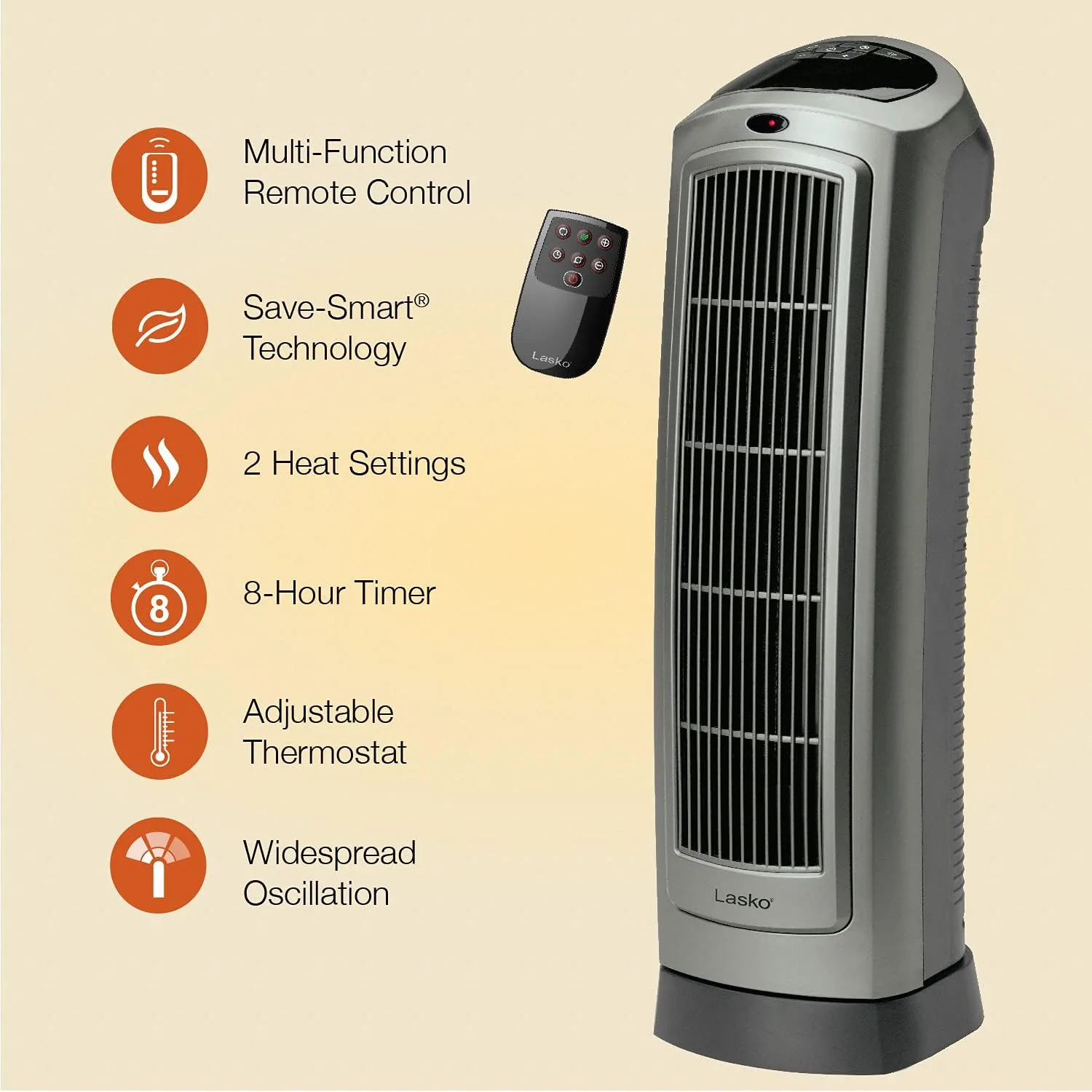 Lasko Portable Oscillating Ceramic Space Heater Tower with Digital Display, Remote Control, 2 Heat Settings and 8 Hour Timer