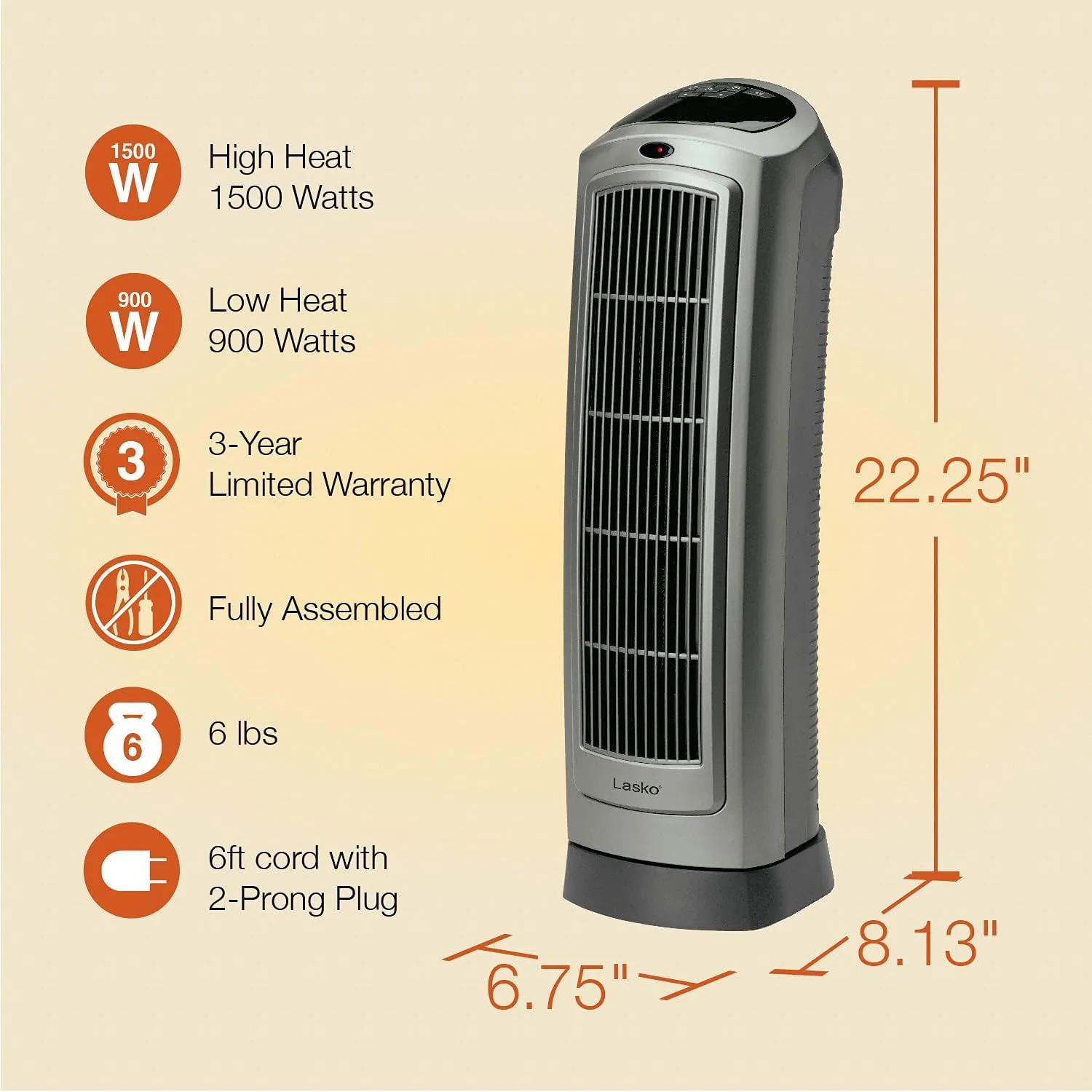 Lasko Portable Oscillating Ceramic Space Heater Tower with Digital Display, Remote Control, 2 Heat Settings and 8 Hour Timer