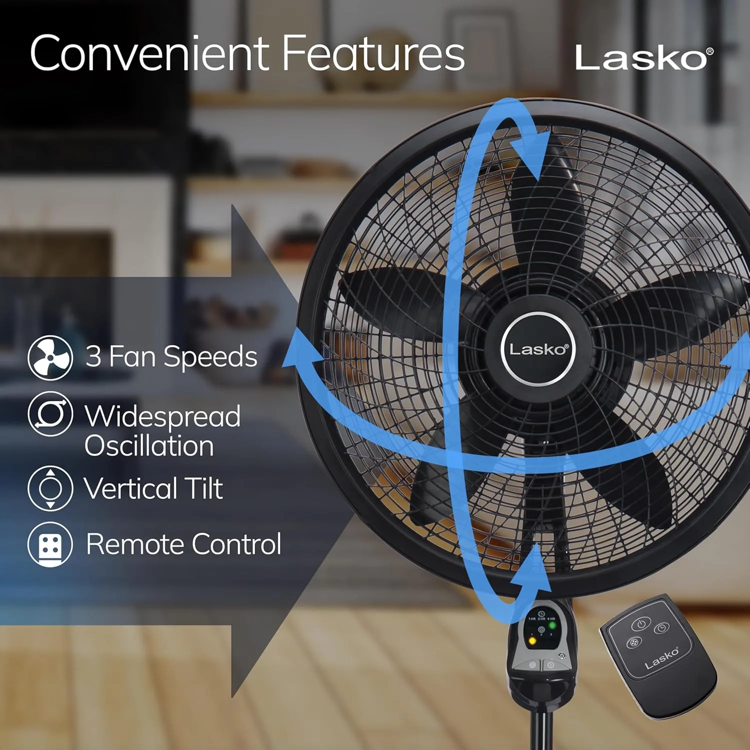 Lasko Oscillating Cyclone Pedestal Fan, Adjustable Height, Timer, Remote Control, 3 Speeds, 18" Black
