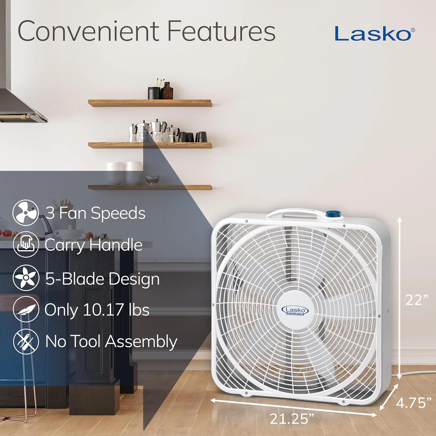 Lasko Weather-Shield Performance Box Fan, 20 inch, 3 Speeds, White