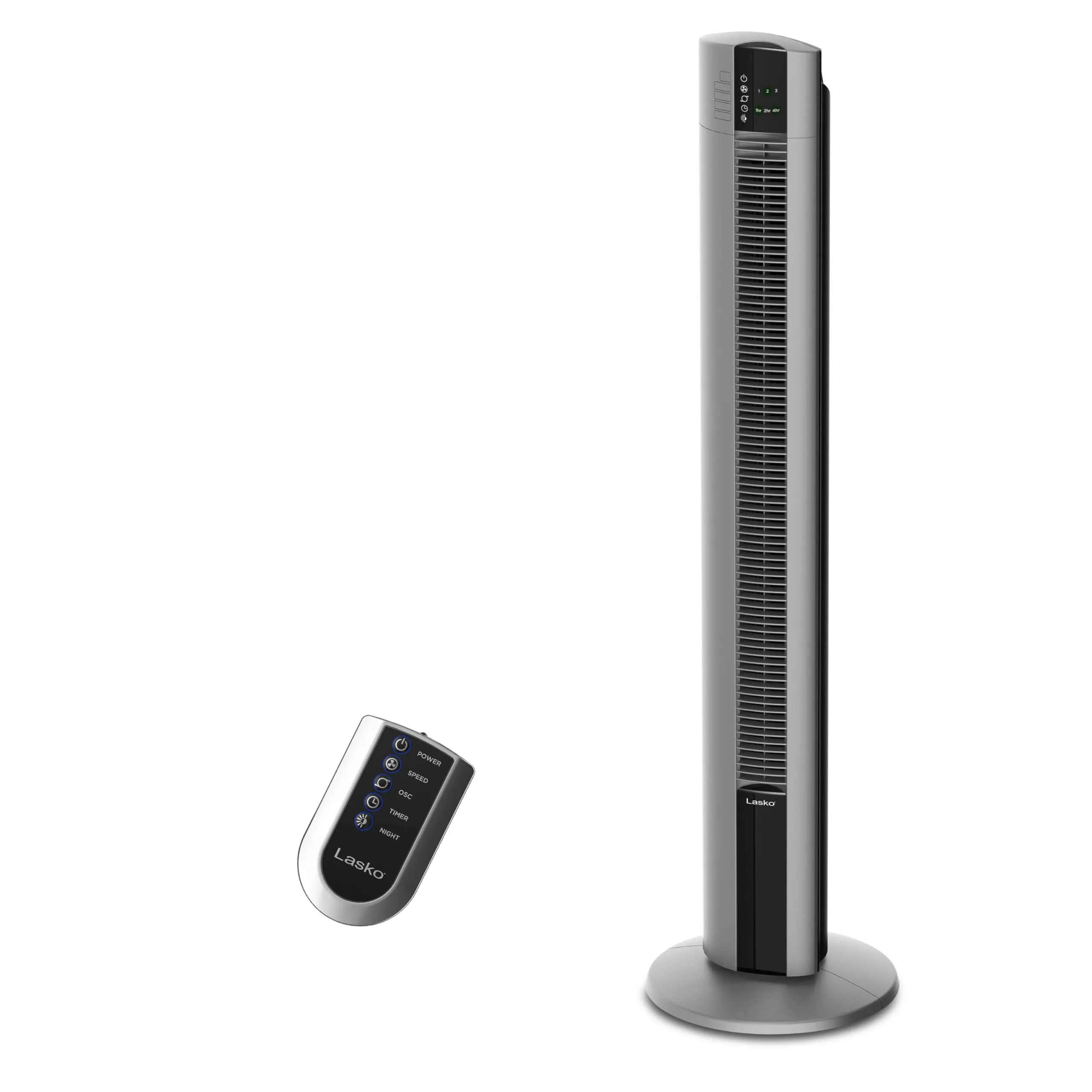 Lasko Tower Fan, Oscillating Performance, Remote Control, Nighttime Setting, Timer, 48" Gray, T48314