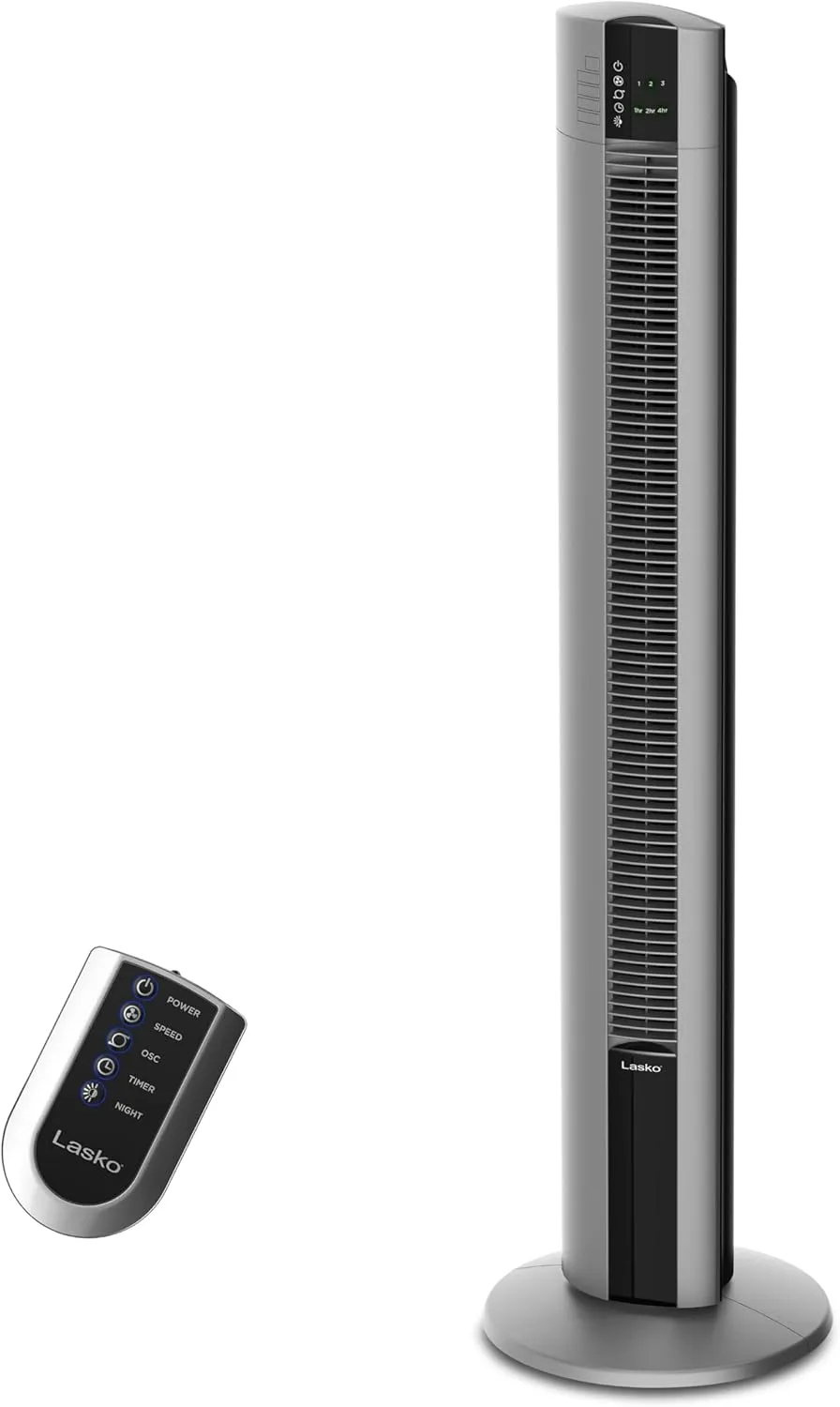 Lasko Tower Fan, Oscillating Performance, Remote Control, Nighttime Setting, Timer, 48" Gray, T48314