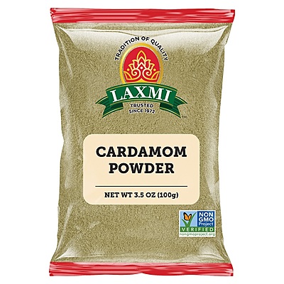 100g pack of Laxmi Cardamom Powder, a finely ground and highly aromatic green cardamom spice.