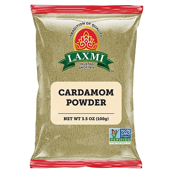 100g pack of Laxmi Cardamom Powder, a finely ground and highly aromatic green cardamom spice.
