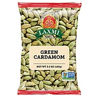 100g bag of Laxmi Green Cardamom, featuring large, vibrant green whole pods for cooking and tea