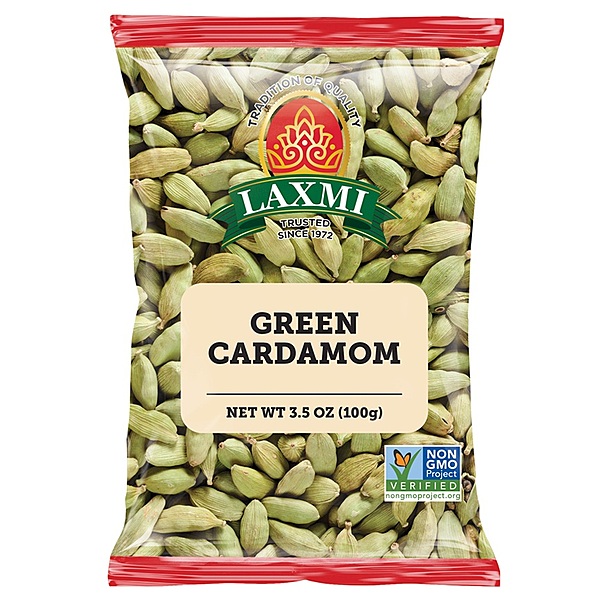 100g bag of Laxmi Green Cardamom, featuring large, vibrant green whole pods for cooking and tea