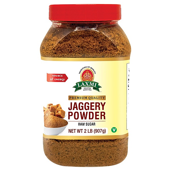 2lb bag of Laxmi Jaggery Powder, a golden-brown unrefined sweetener made from pure sugarcane.