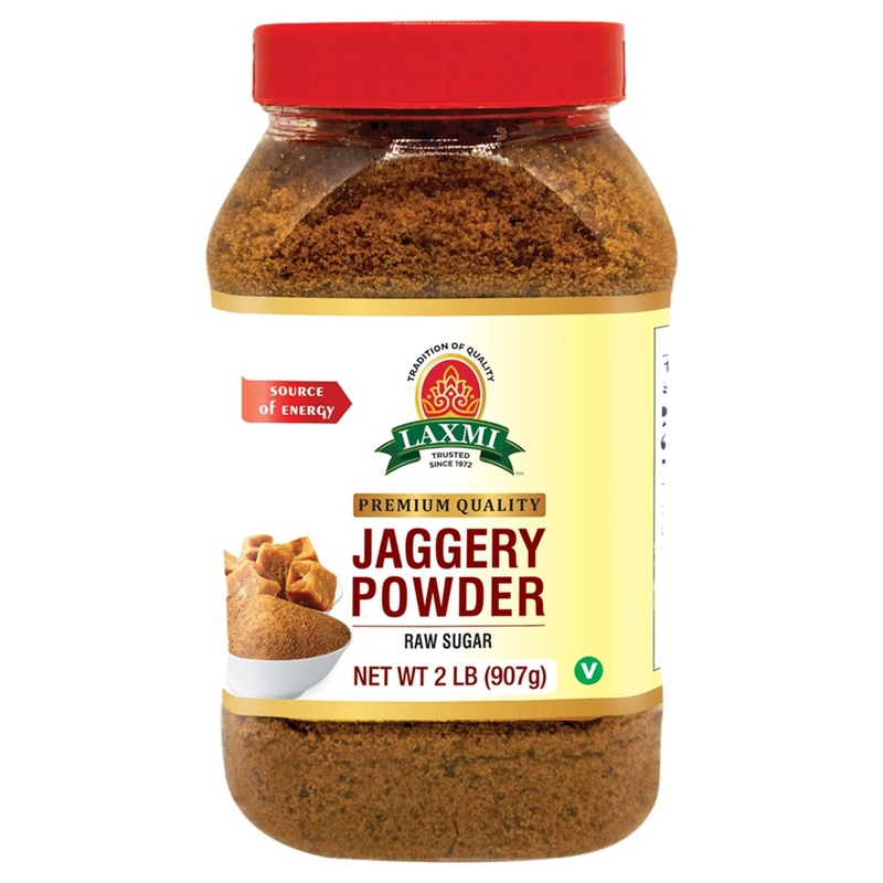 2lb bag of Laxmi Jaggery Powder, a golden-brown unrefined sweetener made from pure sugarcane.