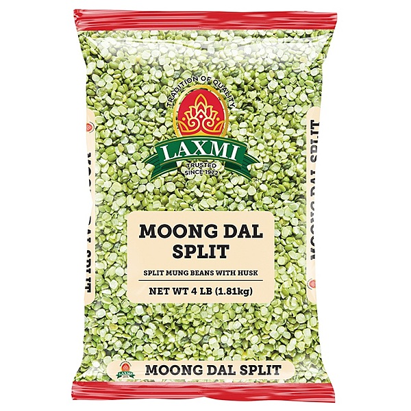 4lb bag of Laxmi Moong Dal Split Green, a fiber-rich split mung bean with its natural green skin