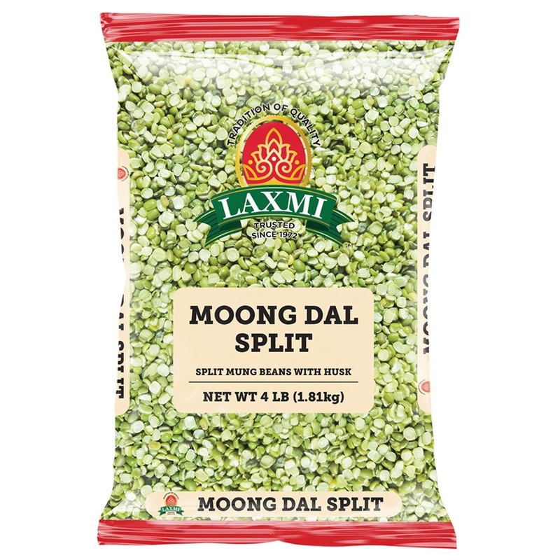 4lb bag of Laxmi Moong Dal Split Green, a fiber-rich split mung bean with its natural green skin