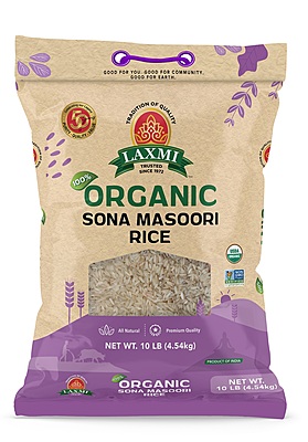 10lb bag of Laxmi Organic Sona Masoori Rice, a USDA certified aromatic medium grain rice.