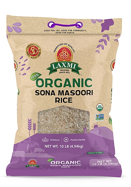 10lb bag of Laxmi Organic Sona Masoori Rice, a USDA certified aromatic medium grain rice.