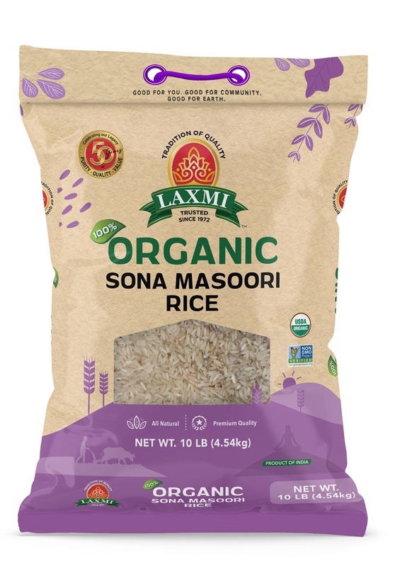 10lb bag of Laxmi Organic Sona Masoori Rice, a USDA certified aromatic medium grain rice.