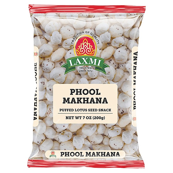 200g bag of Laxmi Phool Makhana, light and crunchy puffed lotus seeds for healthy snacking.