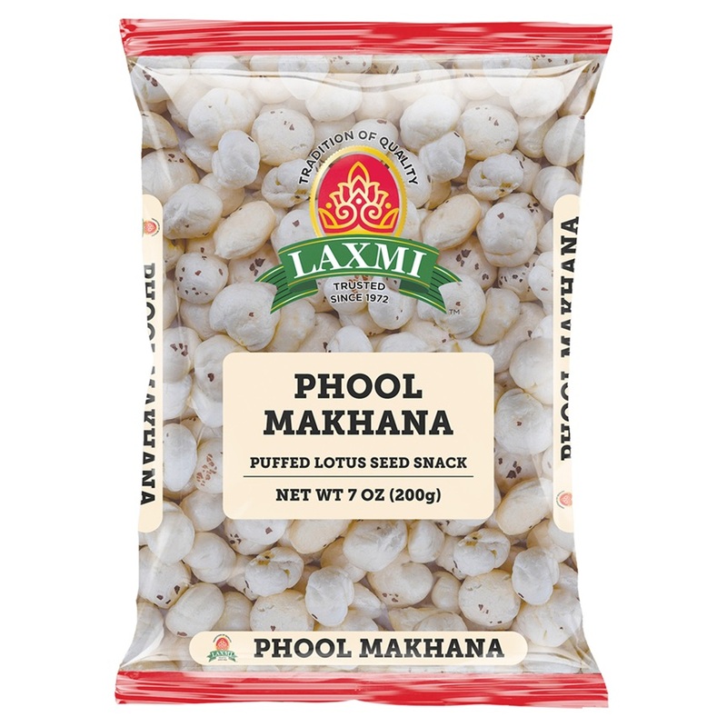 200g bag of Laxmi Phool Makhana, light and crunchy puffed lotus seeds for healthy snacking.