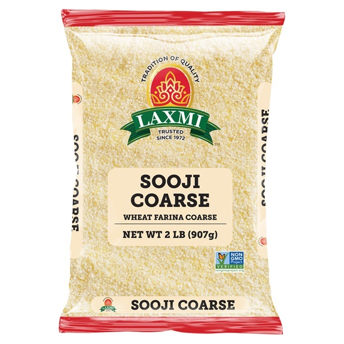 2lb bag of Laxmi Sooji, a high-quality granulated wheat semolina for traditional Indian cooking.