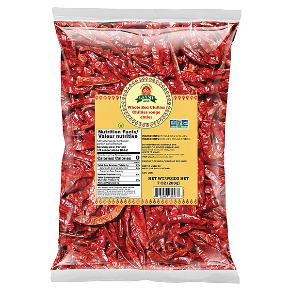 200g of Laxmi Whole Red Chili, premium sun-dried whole red chillies for authentic Indian cooking.