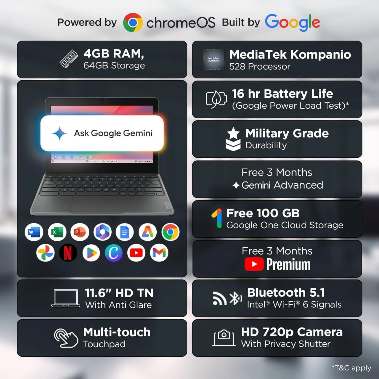 Lenovo 100e Chromebook Gen 4 82W0001FUS 11.6" Chromebook - HD - Octa-core (ARM Cortex A76 + Cortex A55) - 8 GB