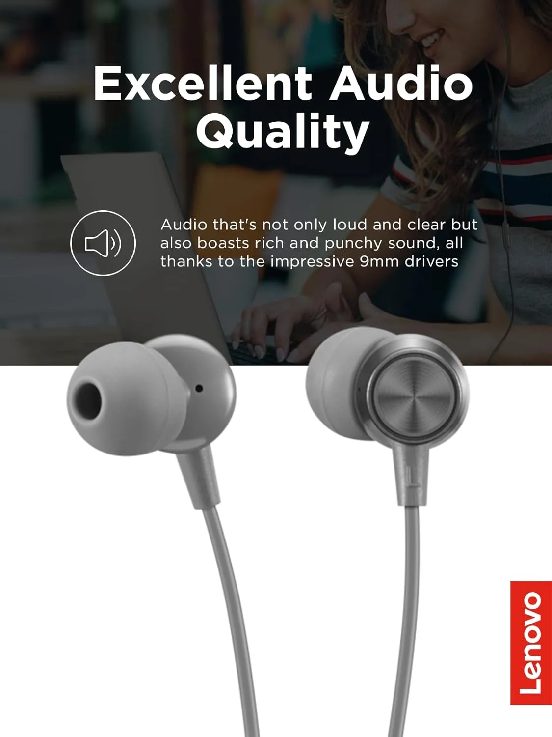 LENOVO In-Ear Wired Headphones with Microphone and 9mm Drivers