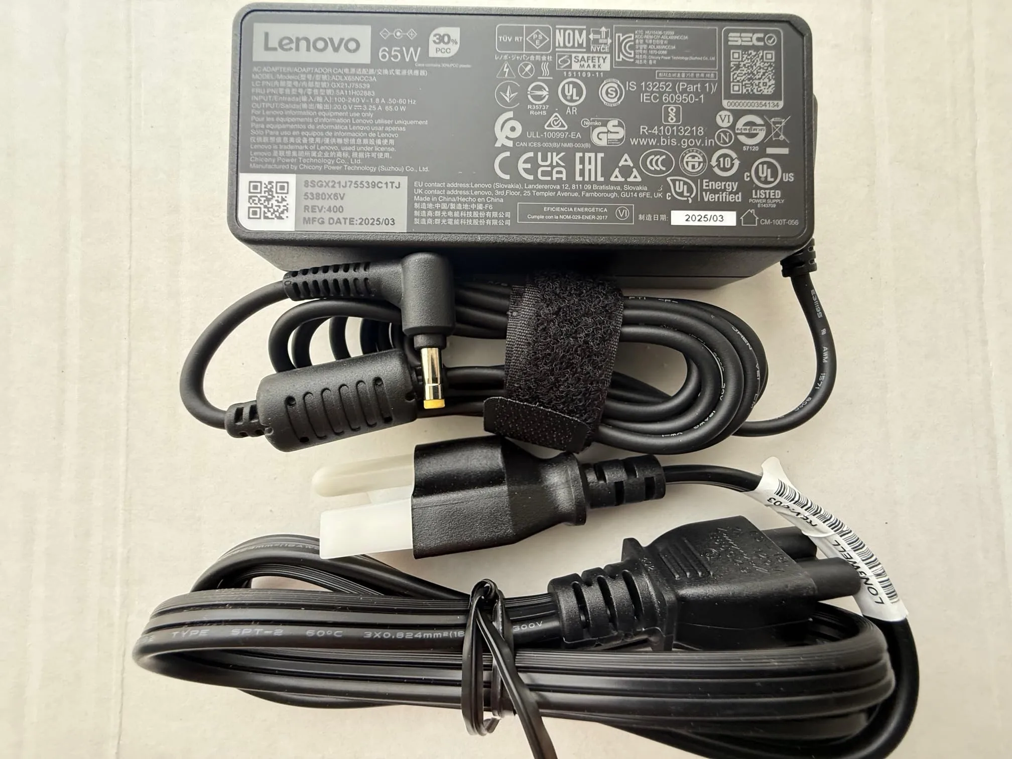 Lenovo 65W Round Tip AC Adapter(UL) - 65 W - 120 V AC, 230 V AC Input - 20 V DC Output - 3.25 A