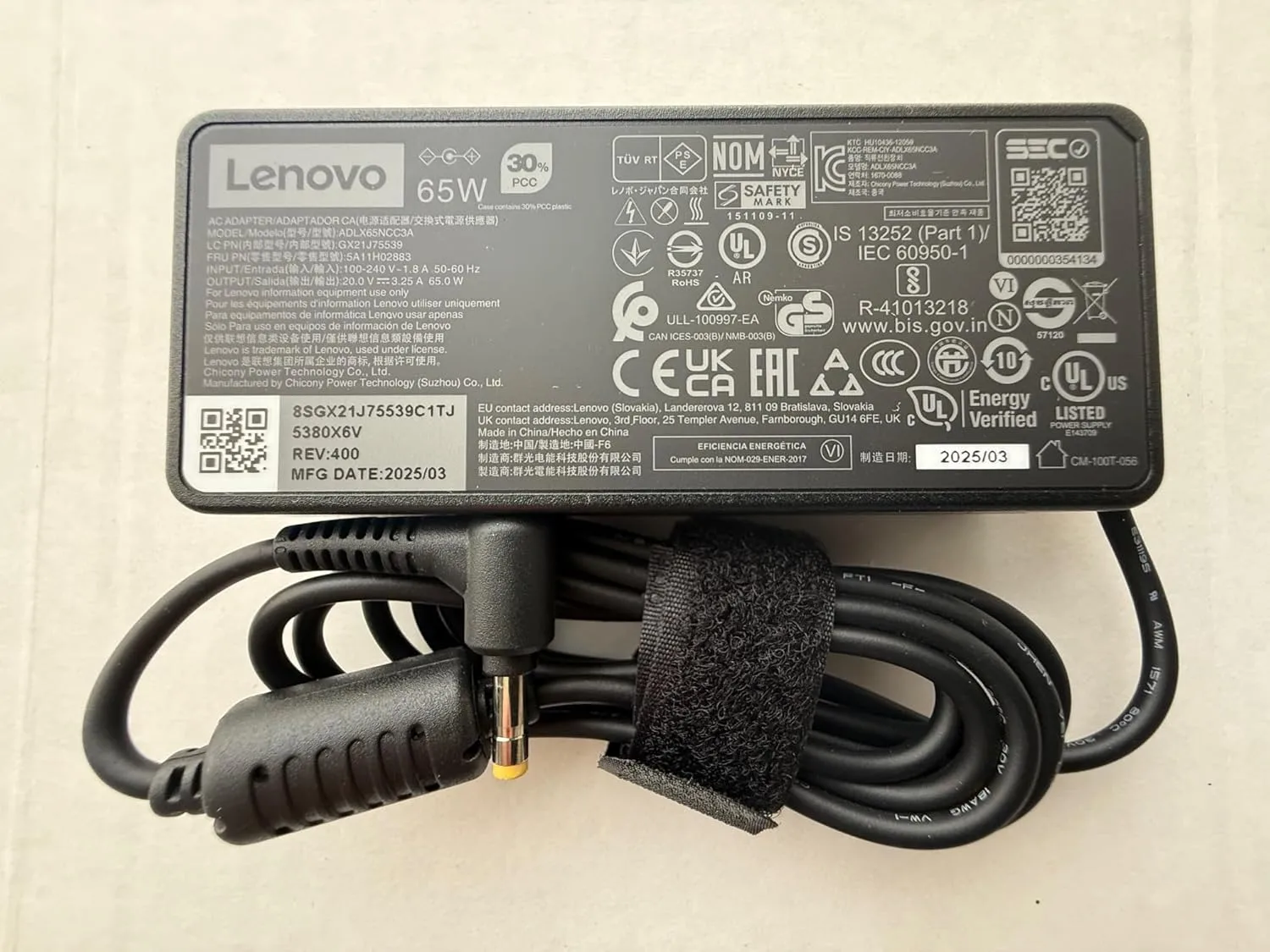 Lenovo 65W Round Tip AC Adapter(UL) - 65 W - 120 V AC, 230 V AC Input - 20 V DC Output - 3.25 A