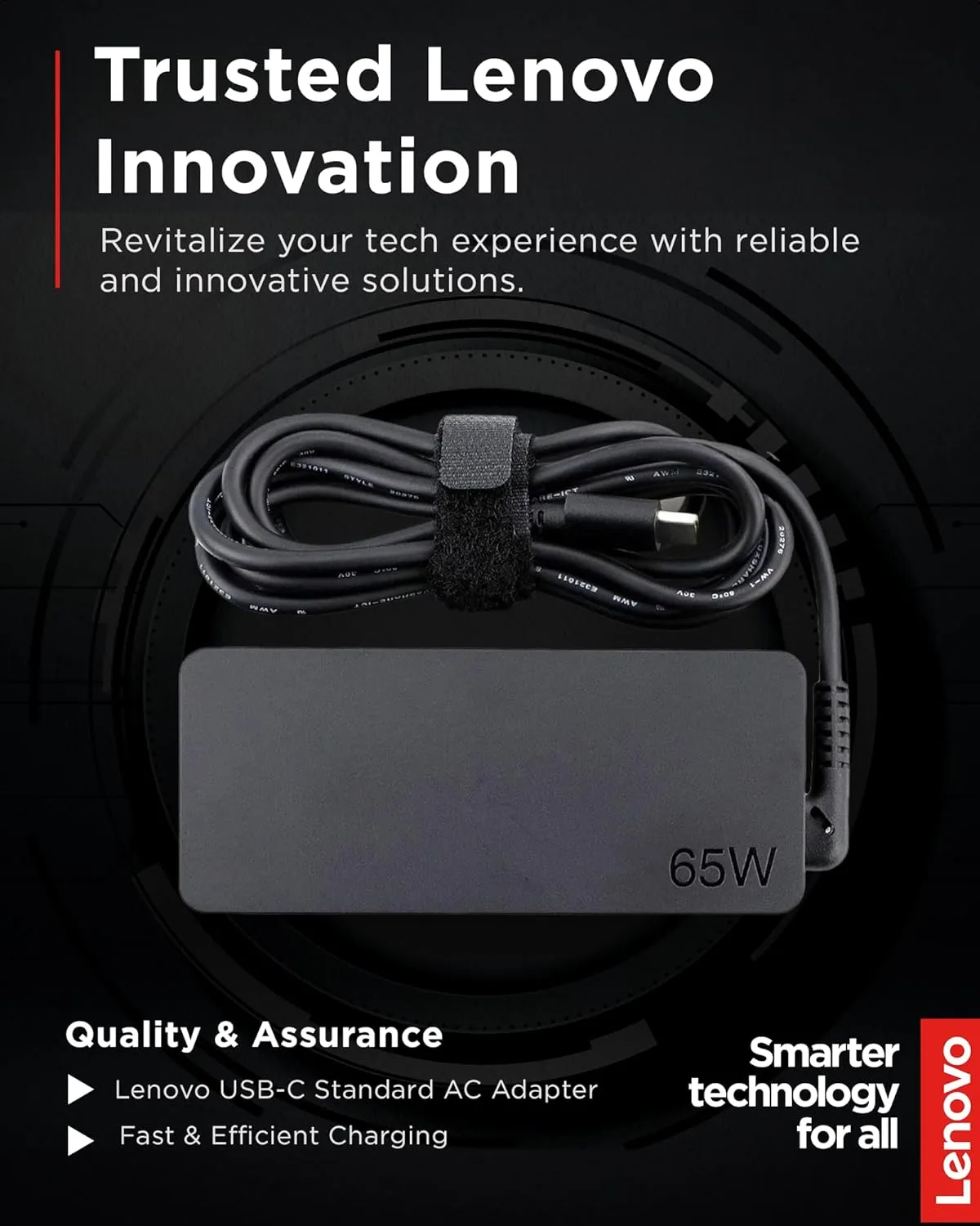 Lenovo USB Type-C 65W AC Adapter, 5.9ft, Black, GX20P92530