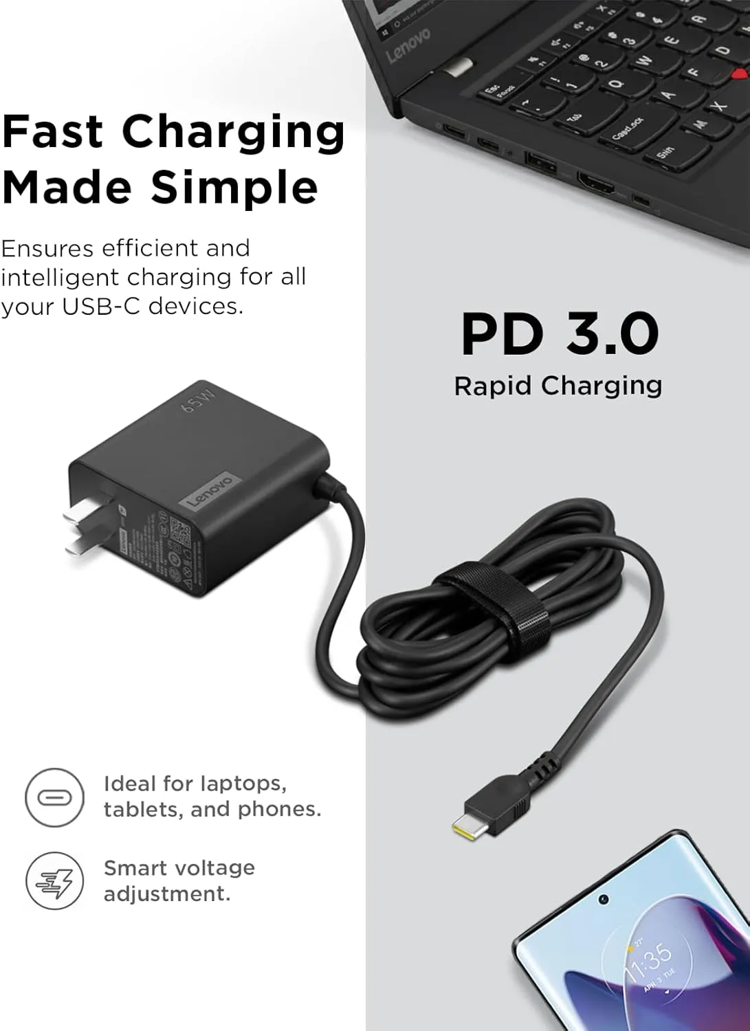 Lenovo USB-C 65W Wall Charger - PD 3.0 - Power Adapter for Laptop, Tablet, Notebook, USB-C Compatible Devices - Slim, Light and Portable with 6.5 Foot Cable - Black