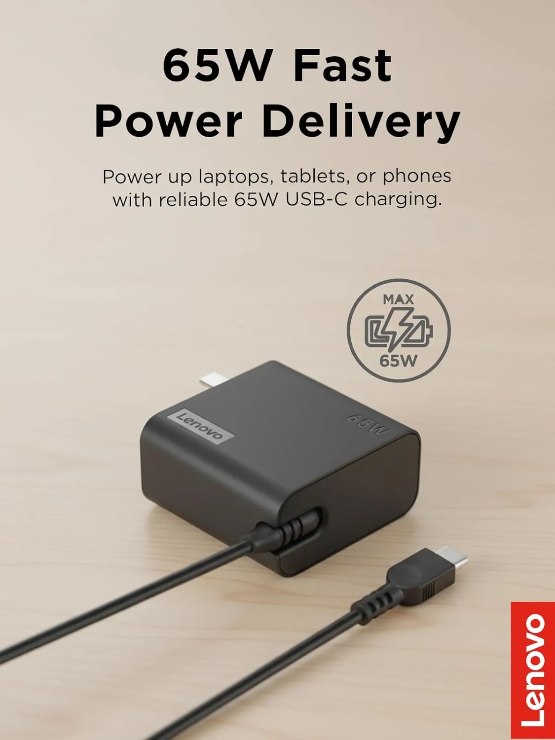 Lenovo USB-C 65W Wall Charger - PD 3.0 - Power Adapter for Laptop, Tablet, Notebook, USB-C Compatible Devices - Slim, Light and Portable with 6.5 Foot Cable - Black