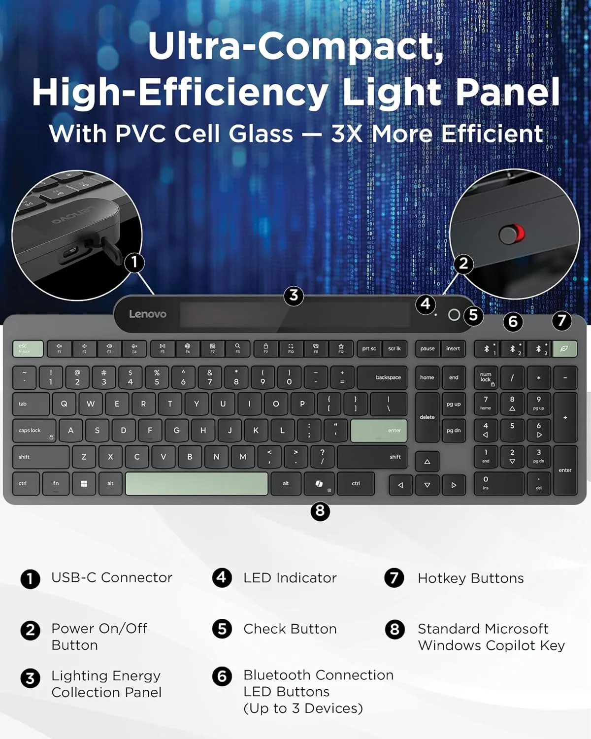 Lenovo 800 Self-Charging Bluetooth Keyboard, Battery-Free, Grey, Bluetooth 5.1