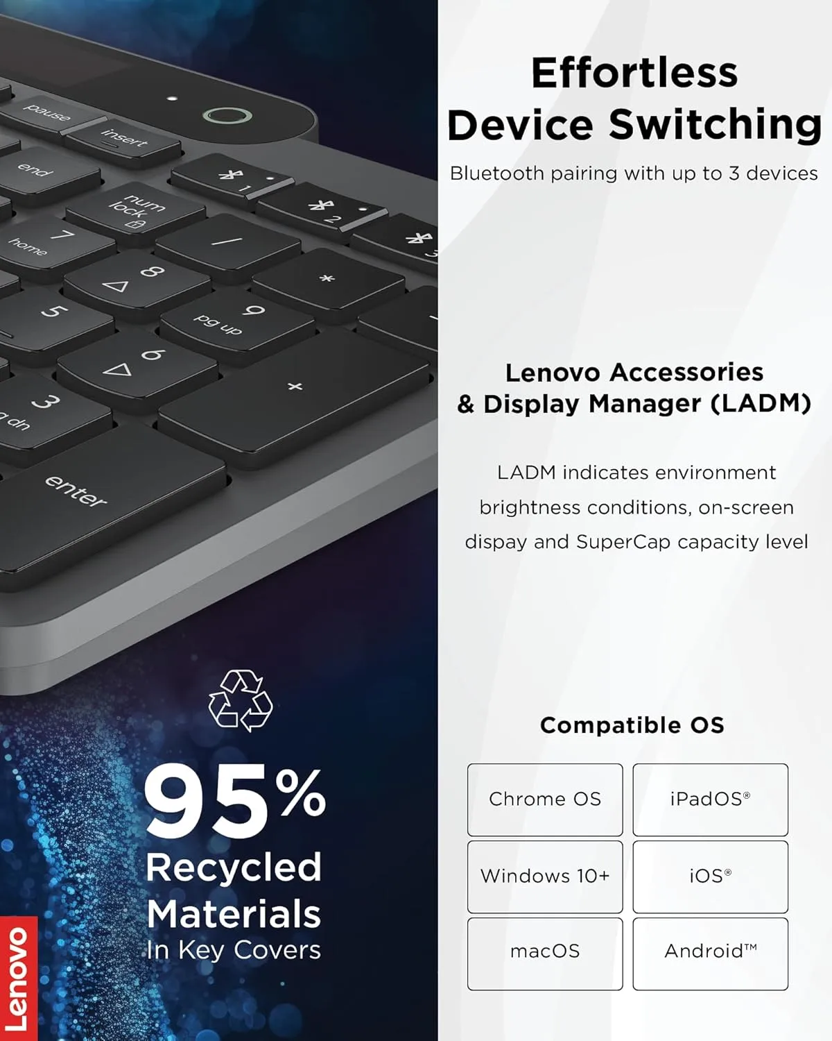 Lenovo 800 Self-Charging Bluetooth Keyboard, Battery-Free, Grey, Bluetooth 5.1