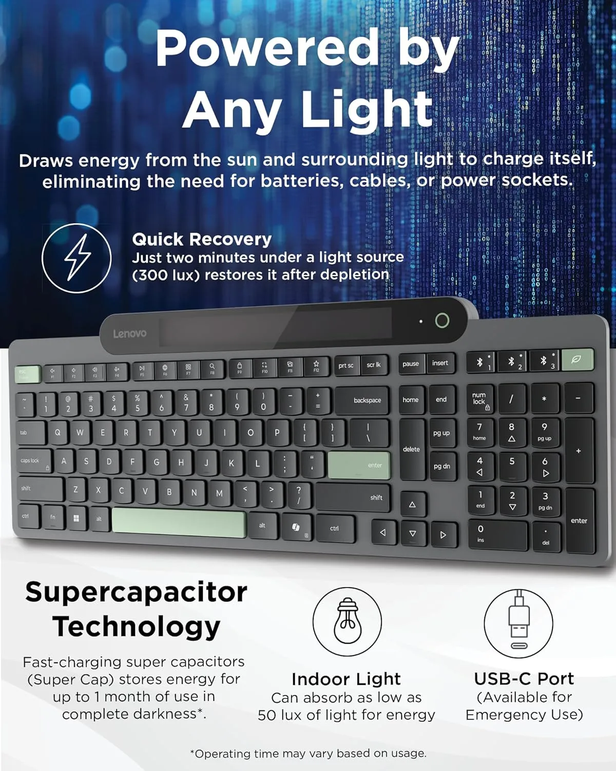 Lenovo 800 Self-Charging Bluetooth Keyboard, Battery-Free, Grey, Bluetooth 5.1