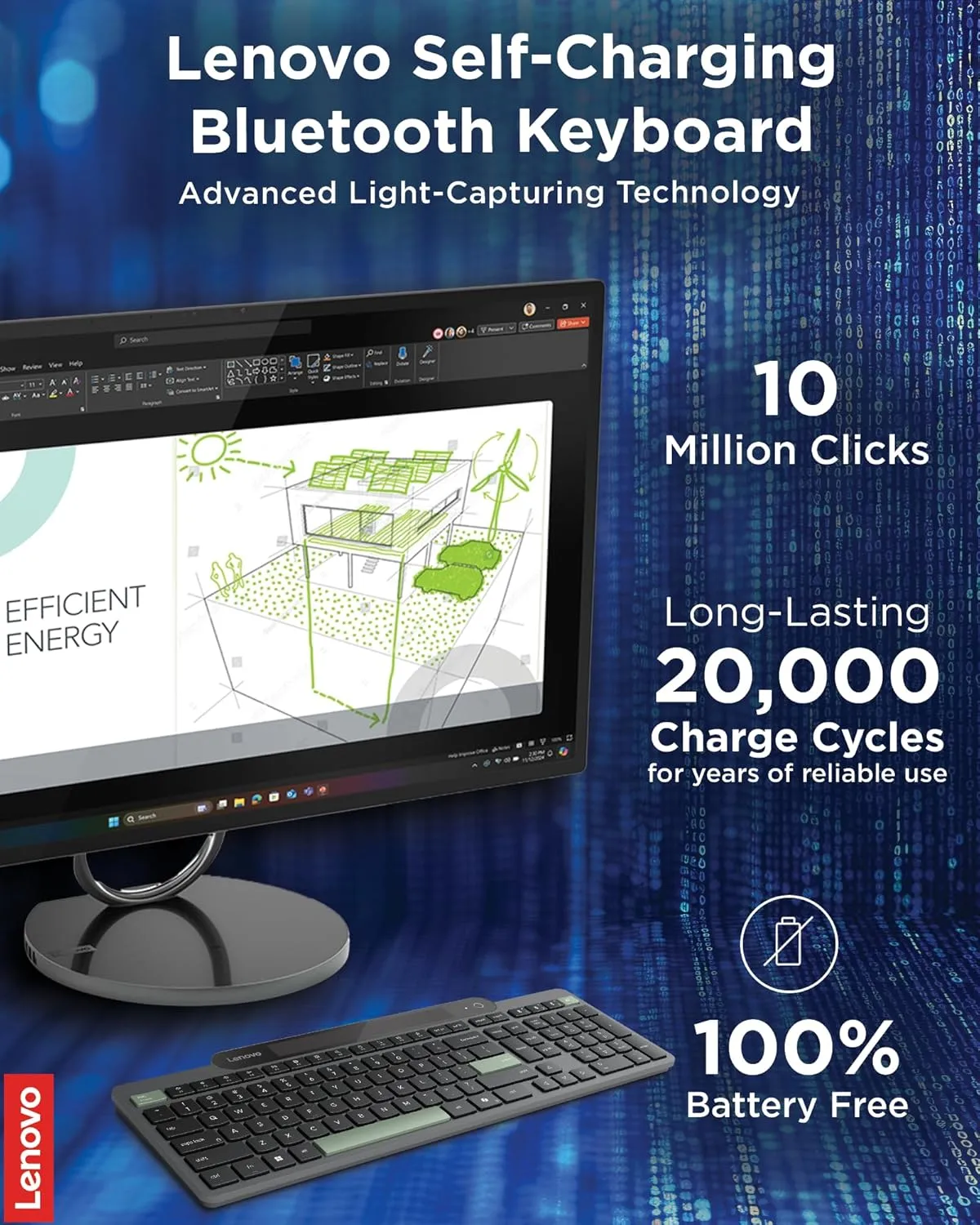 Lenovo 800 Self-Charging Bluetooth Keyboard, Battery-Free, Grey, Bluetooth 5.1