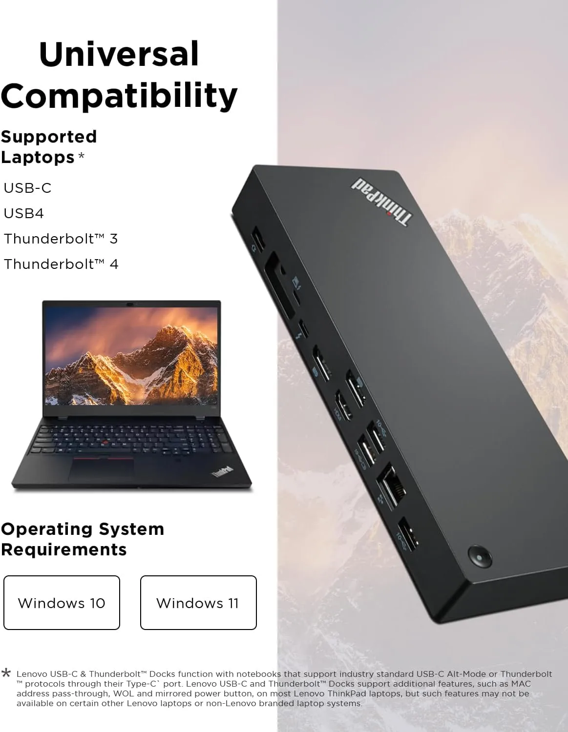 Lenovo ThinkPad Universal Thunderbolt 4 Dock, 4 Displays, Dynamic Power Charging up to 100W, Black